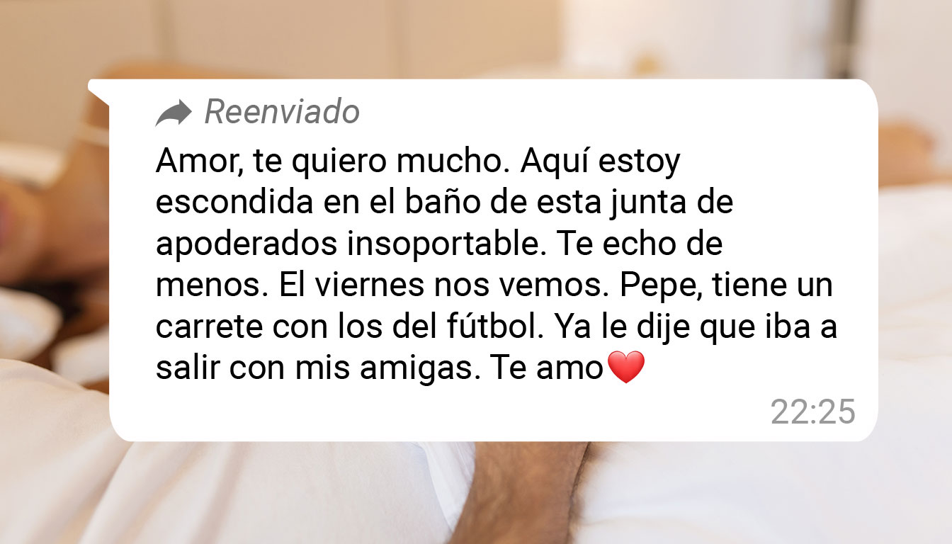 Amor, te quiero mucho. Aquí estoy escondida en el baño de esta junta de apoderados insoportable. Te echo de menos. El viernes nos vemos. Pepe, tiene un carrete con los del fútbol. Ya le dije que iba a salir con mis amigas. Te amo